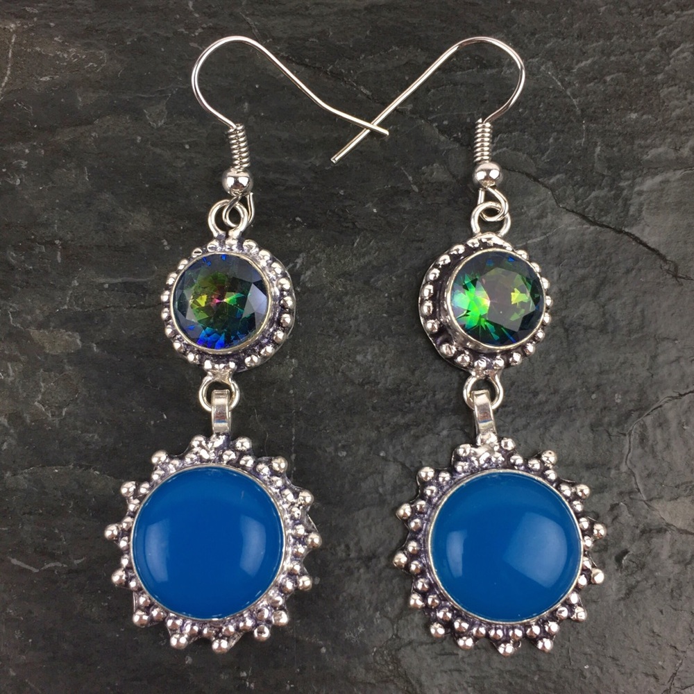 New Mystic Topaz Stone Silver Overlay Hook Dangle Earrings - Picture 2 of 8